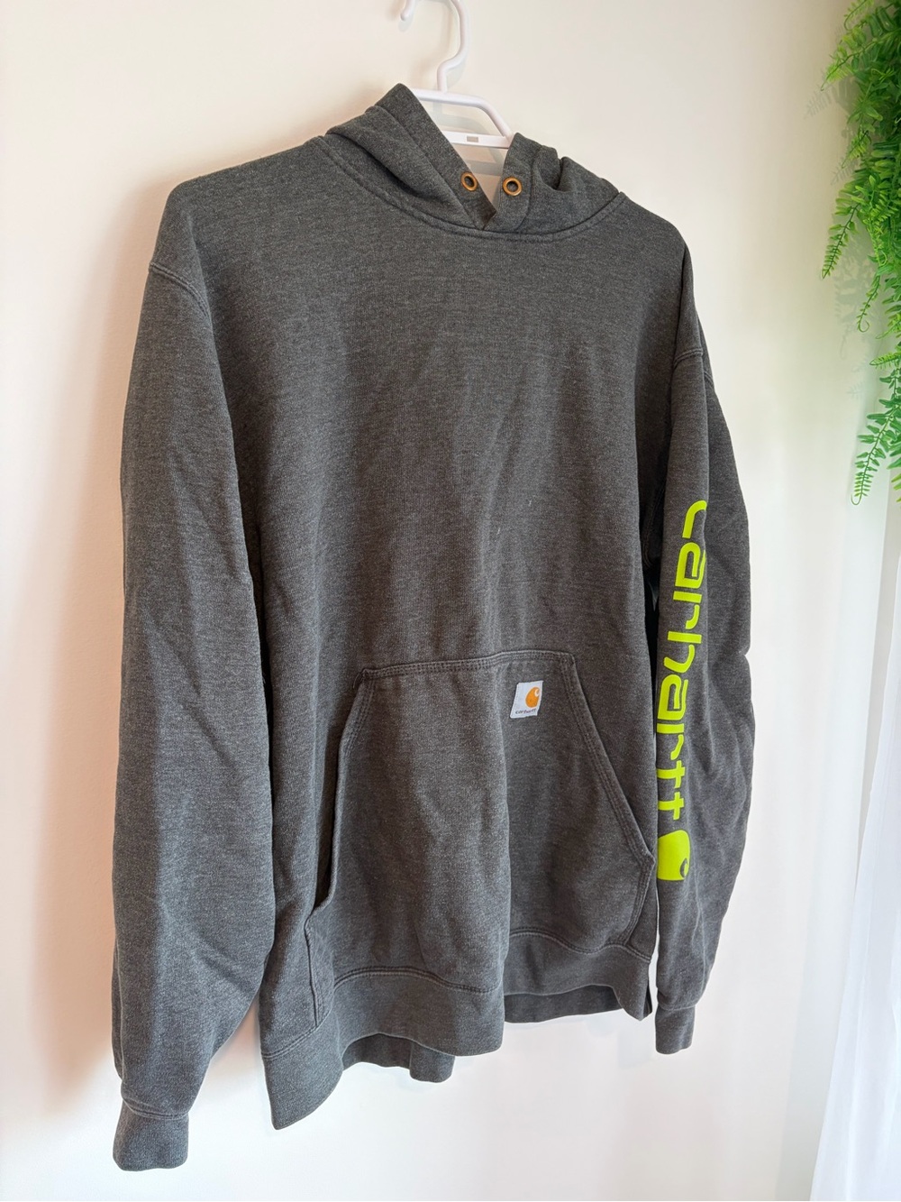 Carhartt Dark Gray Pullover Hoodie with Neon Yellow Sleeve Logo